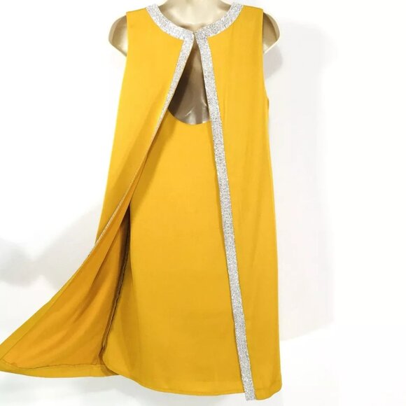 F & P Paris Marigold Satin Bejeweled Dress Sz M Open Flowing Back Panels - Picture 7 of 10